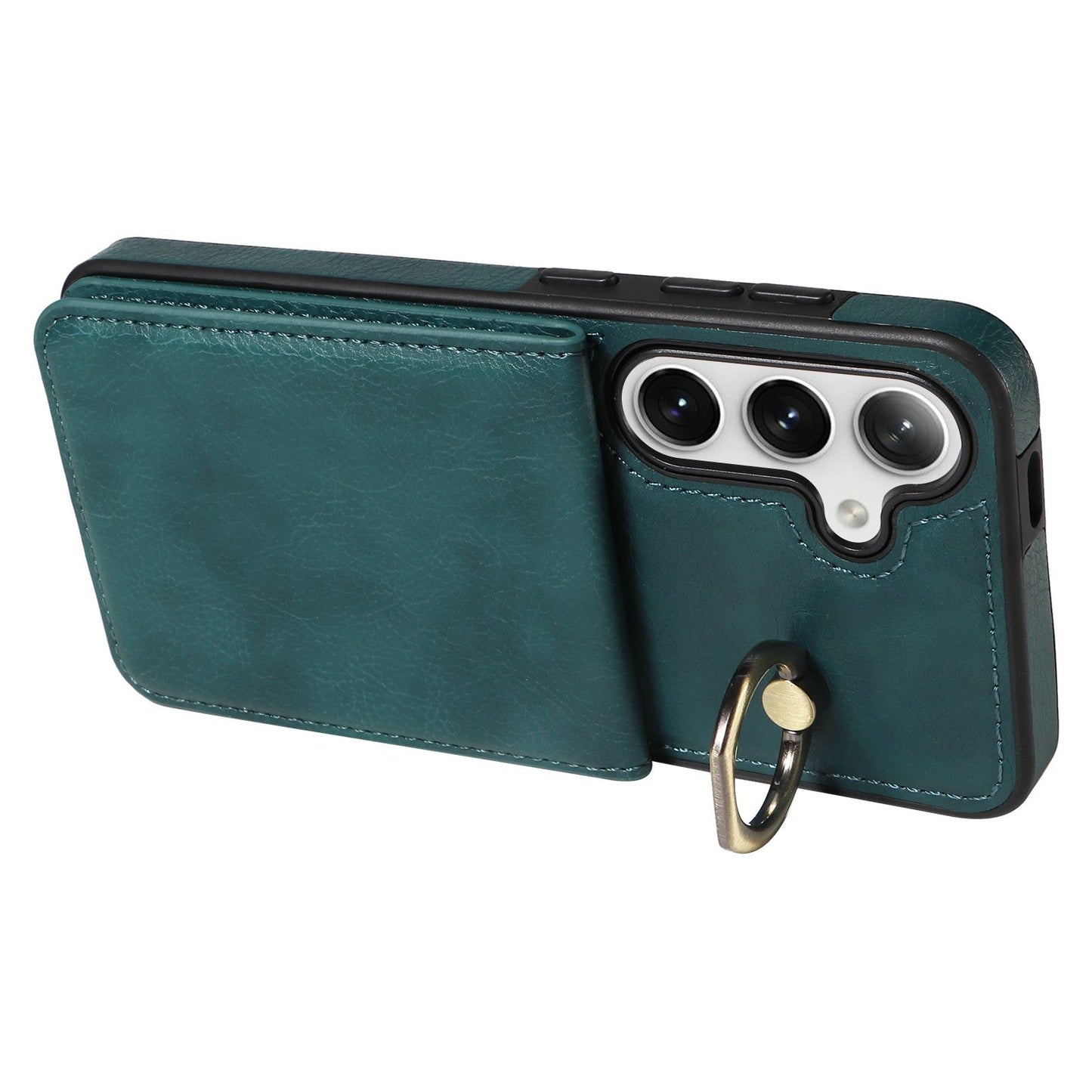 004 For Samsung Galaxy S24 Case Magnetic PU Leather+TPU Litchi Texture Phone Shell with Ring Holder - Green - UNIQKART