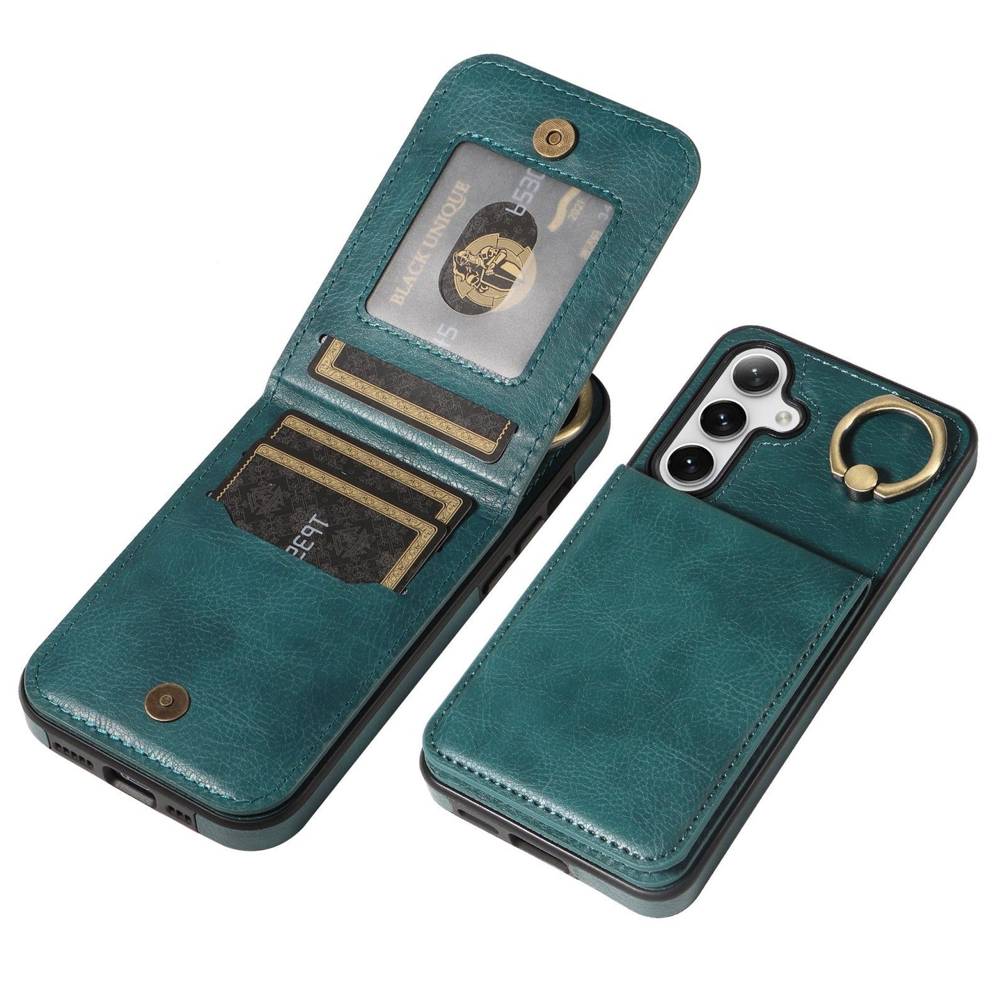 004 For Samsung Galaxy S24 Case Magnetic PU Leather+TPU Litchi Texture Phone Shell with Ring Holder - Green - UNIQKART