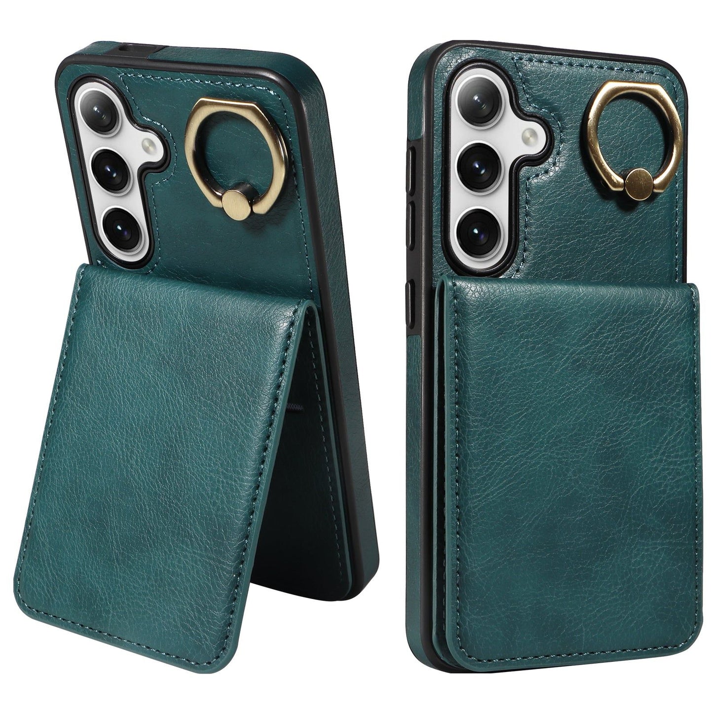 004 For Samsung Galaxy S24 Case Magnetic PU Leather+TPU Litchi Texture Phone Shell with Ring Holder - Green - UNIQKART