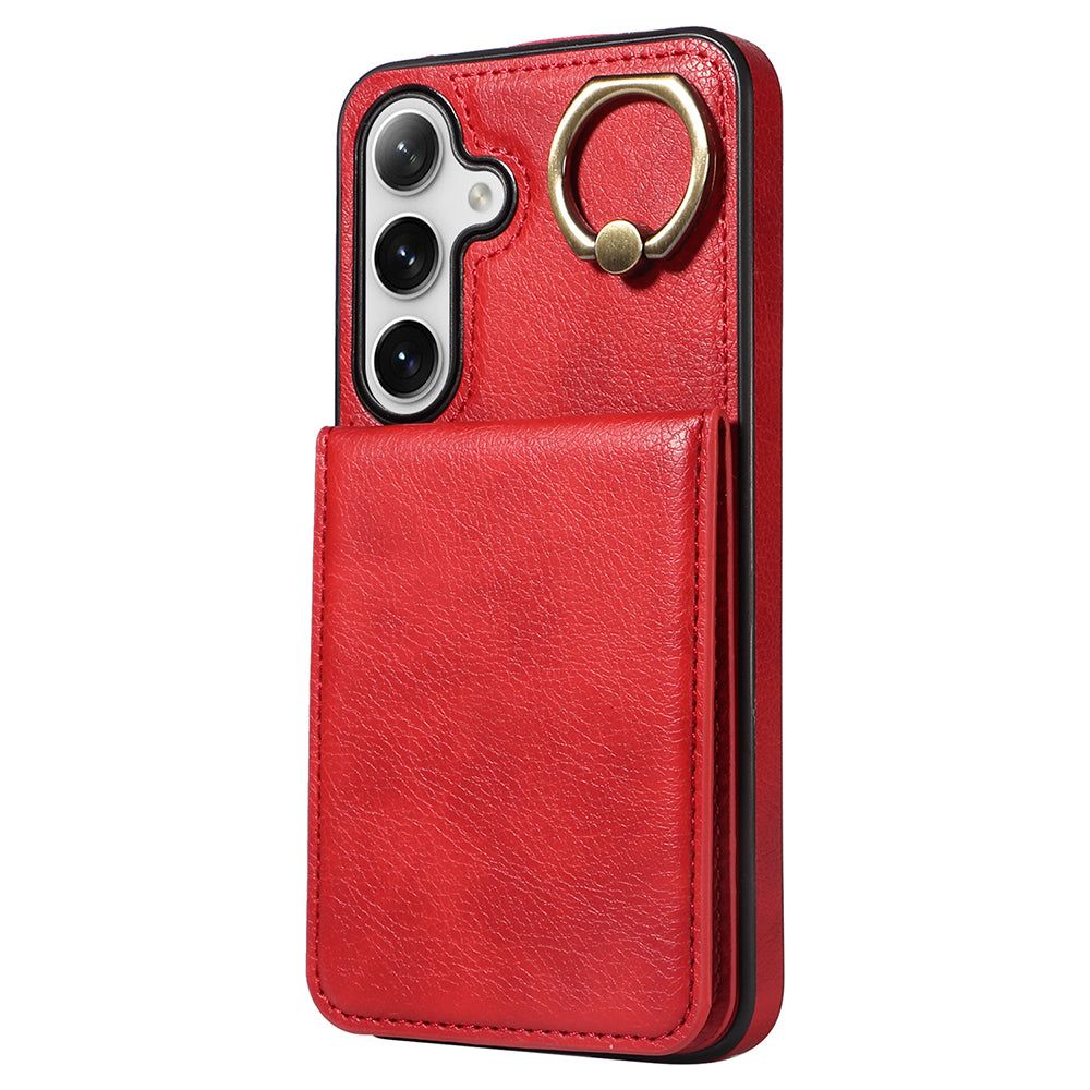 004 For Samsung Galaxy S24 Case Magnetic PU Leather+TPU Litchi Texture Phone Shell with Ring Holder - Red - UNIQKART