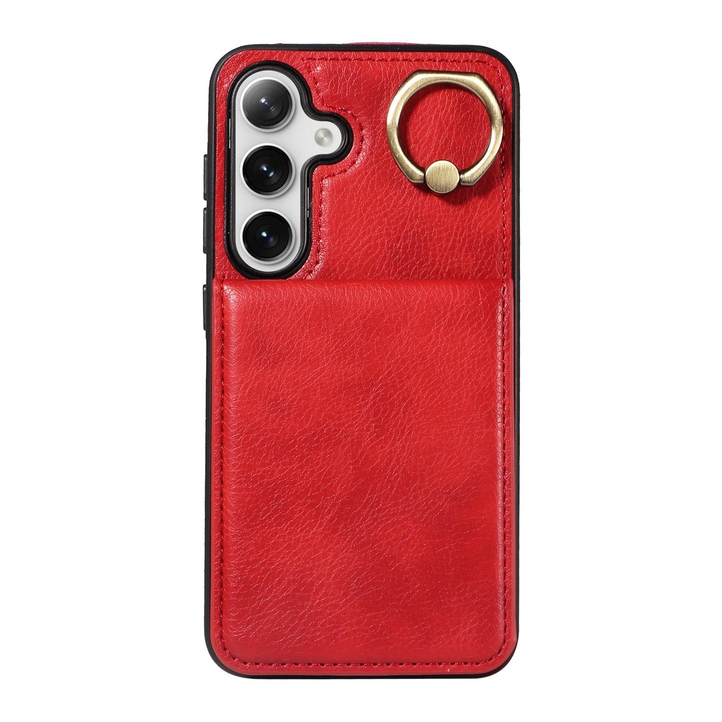 004 For Samsung Galaxy S24 Case Magnetic PU Leather+TPU Litchi Texture Phone Shell with Ring Holder - Red - UNIQKART