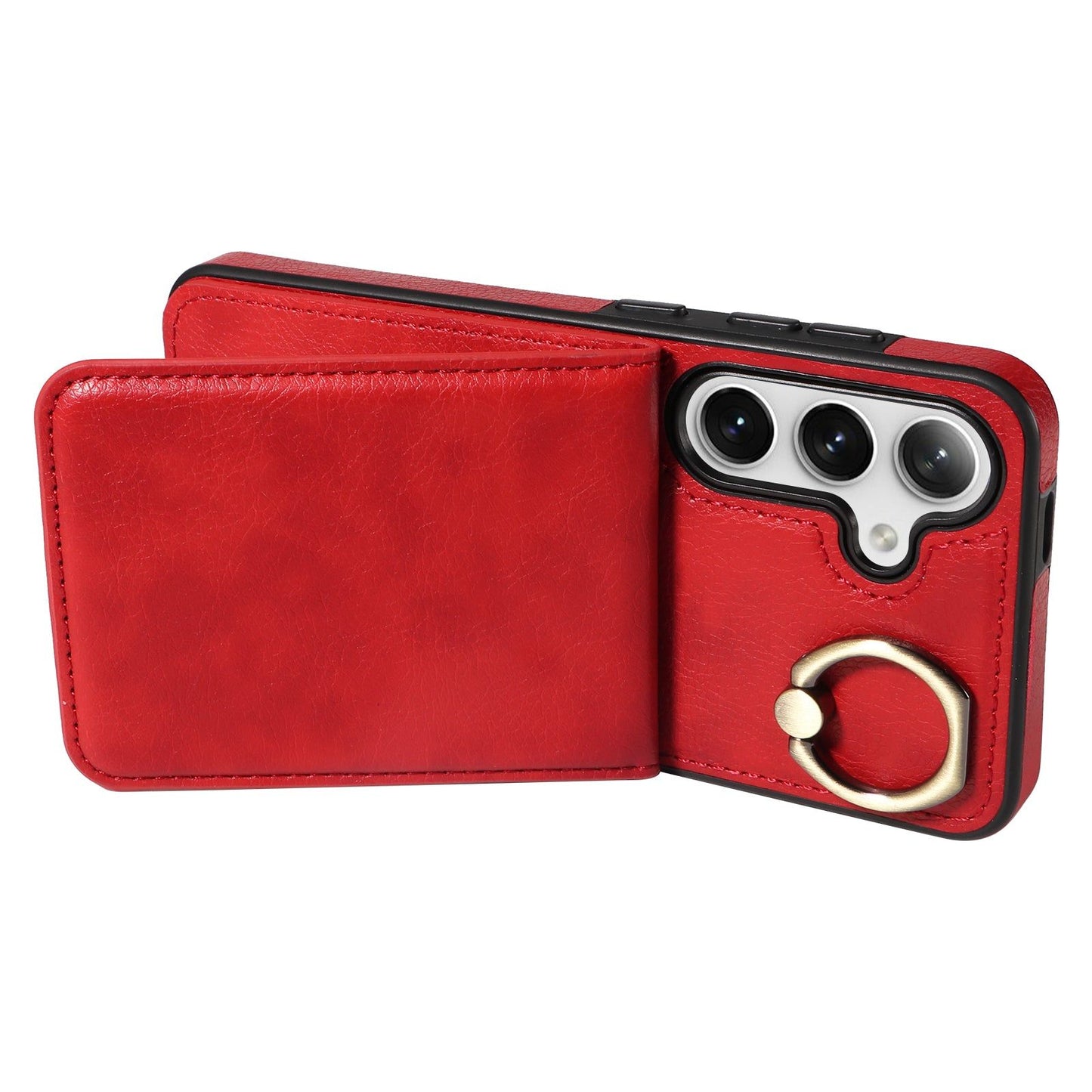 004 For Samsung Galaxy S24 Case Magnetic PU Leather+TPU Litchi Texture Phone Shell with Ring Holder - Red - UNIQKART