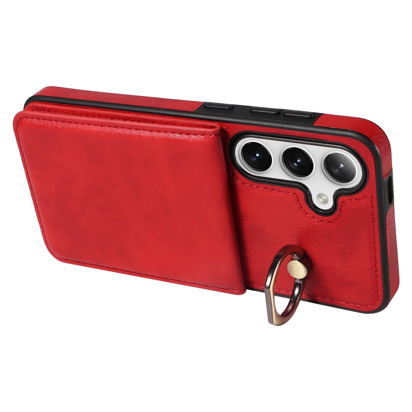 004 For Samsung Galaxy S24 Case Magnetic PU Leather+TPU Litchi Texture Phone Shell with Ring Holder - Red - UNIQKART