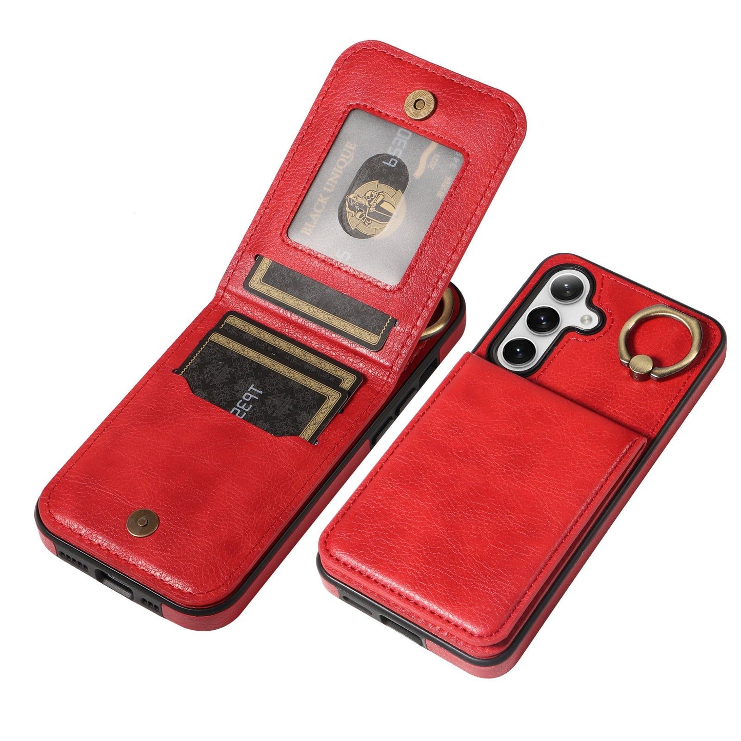 004 For Samsung Galaxy S24 Case Magnetic PU Leather+TPU Litchi Texture Phone Shell with Ring Holder - Red - UNIQKART