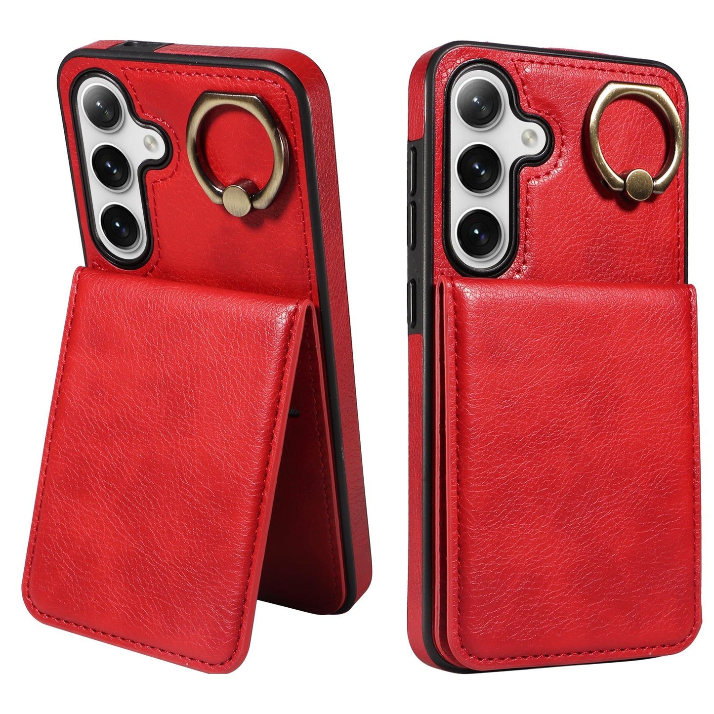 004 For Samsung Galaxy S24 Case Magnetic PU Leather+TPU Litchi Texture Phone Shell with Ring Holder - Red - UNIQKART
