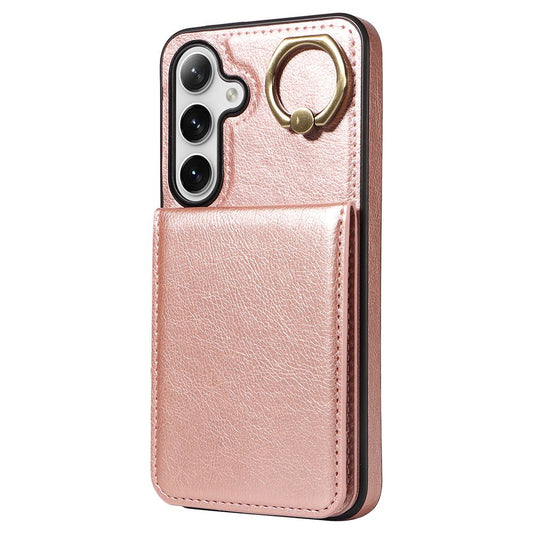 004 For Samsung Galaxy S24 Case Magnetic PU Leather+TPU Litchi Texture Phone Shell with Ring Holder - Rose Gold - UNIQKART