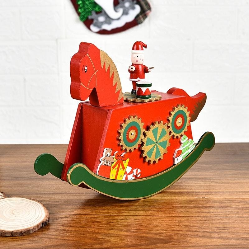 Christmas Decorations Ornaments Wooden Music Box Hand-Rotating Toys Wooden Rocking Horse Music Box