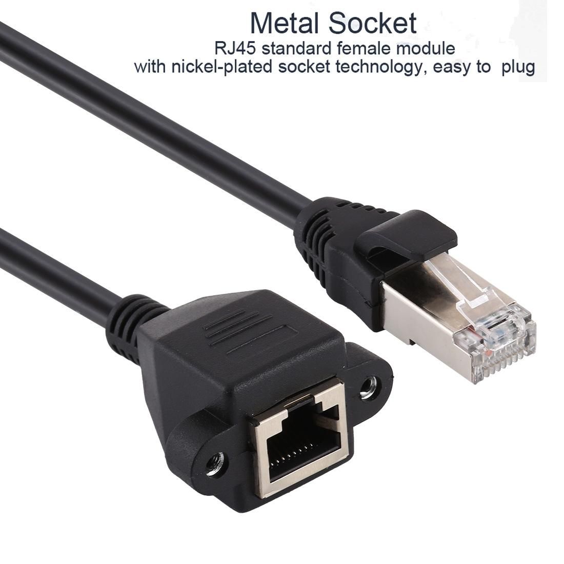 RJ45 Female to Male CAT5E Network Panel Mount Screw Lock Extension Cable, Length: 1m (Black)