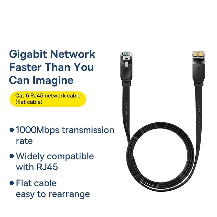 BASEUS High Speed Cat6 RJ45 Gigabit Network Cable Computer LAN Ethernet Cord (Flat Cable), 1.5m - Black