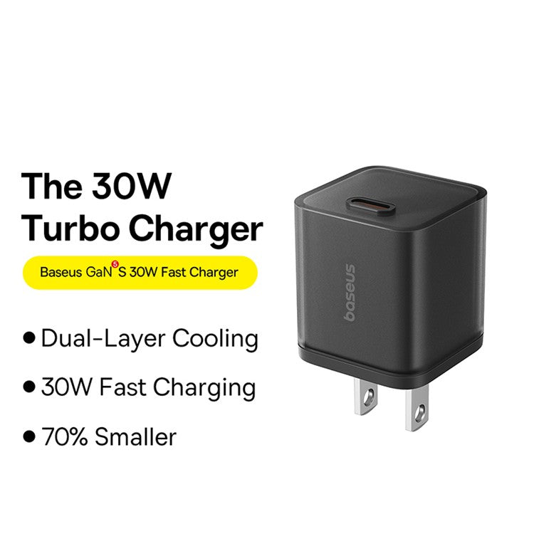 BASEUS GaN5S Type-C PD 30W Fast Charger US Plug with Type-C Cable 100W 1m - Black