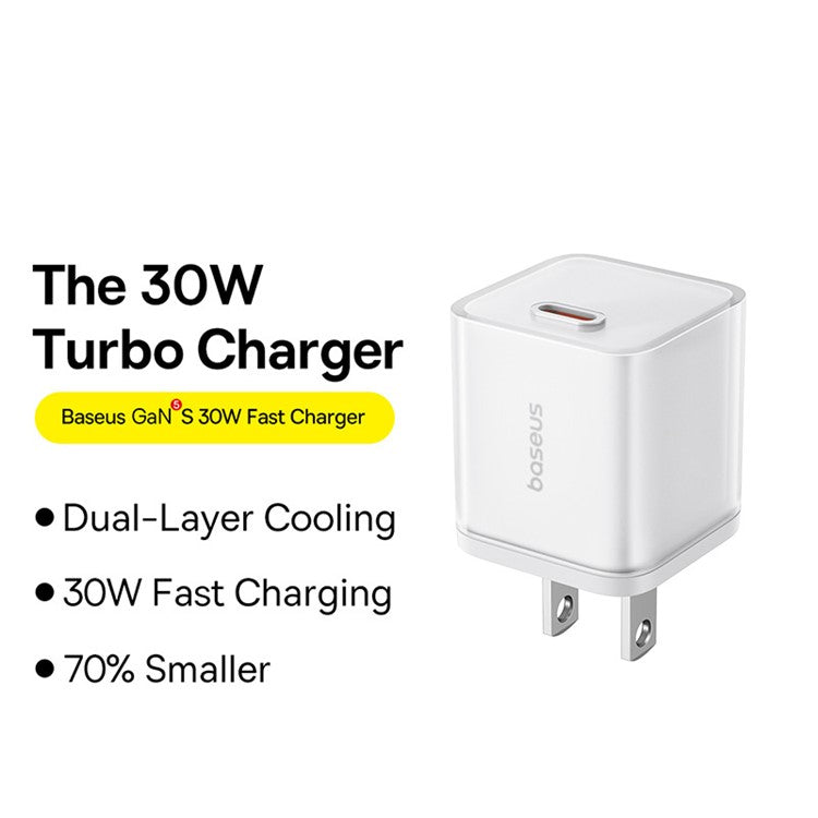 BASEUS GaN5S Type-C PD 30W Fast Charger US Plug with Type-C Cable 100W 1m - White