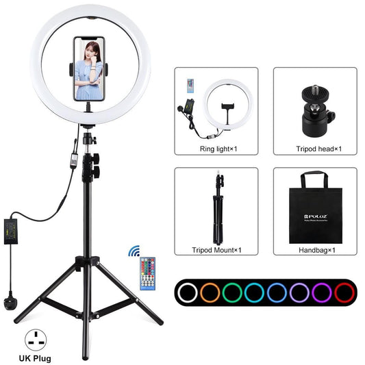 PULUZ 12 inch RGB Light 1.1m Tripod Mount Dimmable LED Ring Vlogging Selfie Photography Video Lights Live Broadcast Kits with Cold Shoe Tripod Ball Head & Phone Clamp (UK Plug)