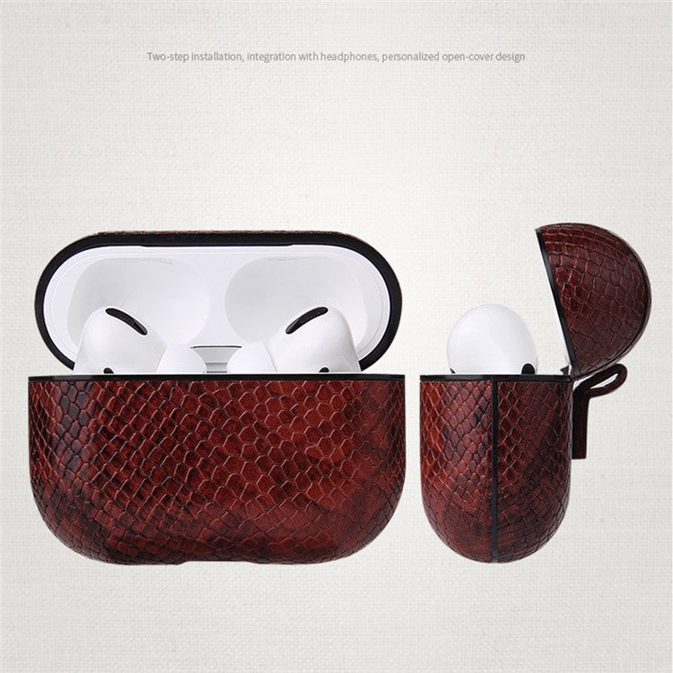 Pure Color Snake Texture Leather Cover with Hook for Apple AirPods Pro - Silver