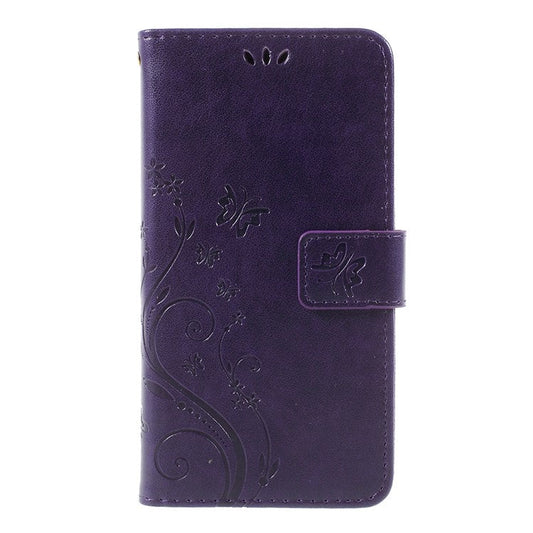 Imprint Flower Butterfly Pattern Leather Card Holder Cover Shell for Samsung Galaxy J5 (2017) EU Version / J5 Pro (2017) - Dark Purple