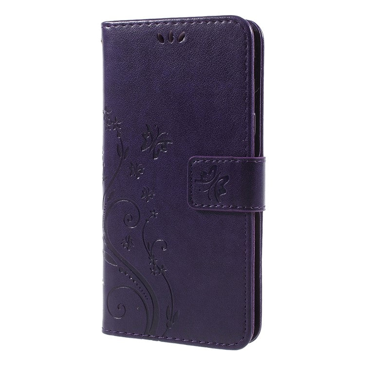 Imprint Flower Butterfly Pattern Leather Card Holder Cover Shell for Samsung Galaxy J5 (2017) EU Version / J5 Pro (2017) - Dark Purple