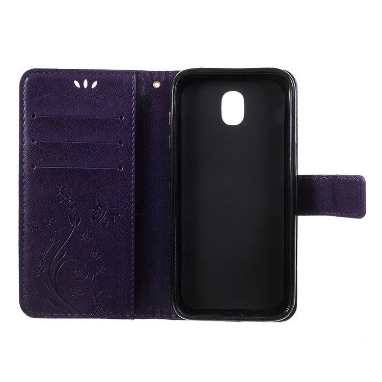 Imprint Flower Butterfly Pattern Leather Card Holder Cover Shell for Samsung Galaxy J5 (2017) EU Version / J5 Pro (2017) - Dark Purple