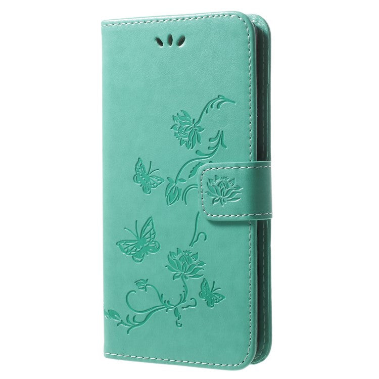 Imprinted Butterfly Flower PU Leather Wallet Case for Samsung Galaxy S9+ G965 - Cyan