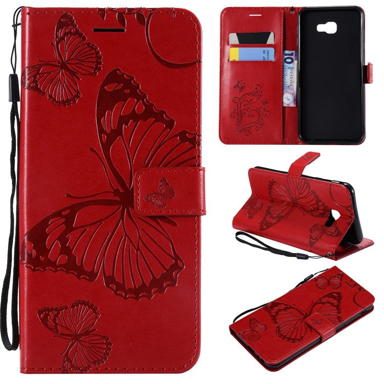 KT Imprinting Flower Series-2 Imprinted Butterfly Wallet Leather Cell Phone Case for Samsung Galaxy J4+ J415/J4 Prime - Red