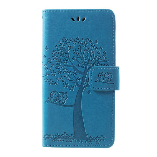 Imprint Tree Owl Pattern PU Leather Stand Cell Phone Case for Samsung Galaxy S10 - Blue