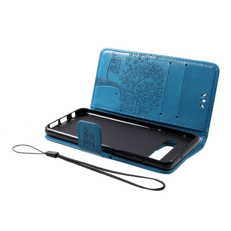 Imprint Tree Owl Pattern PU Leather Stand Cell Phone Case for Samsung Galaxy S10 - Blue