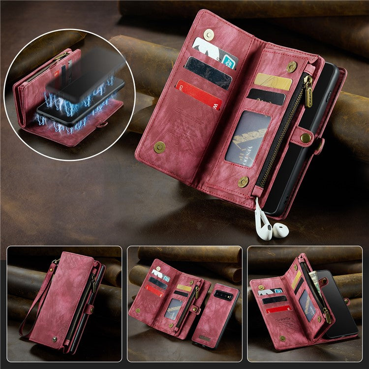 CASEME 008 Series for Samsung Galaxy S10 PU Leather Zipper Pocket Sand Cover Detachable 2-in-1 Magnetic Wallet Phone Case - Red
