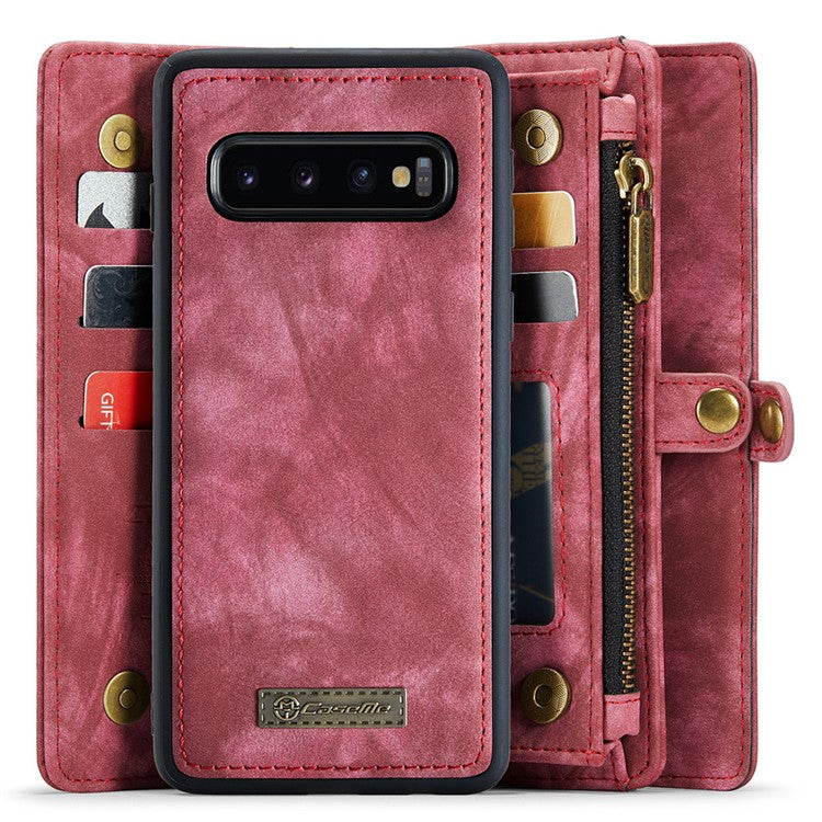 CASEME 008 Series for Samsung Galaxy S10 PU Leather Zipper Pocket Sand Cover Detachable 2-in-1 Magnetic Wallet Phone Case - Red