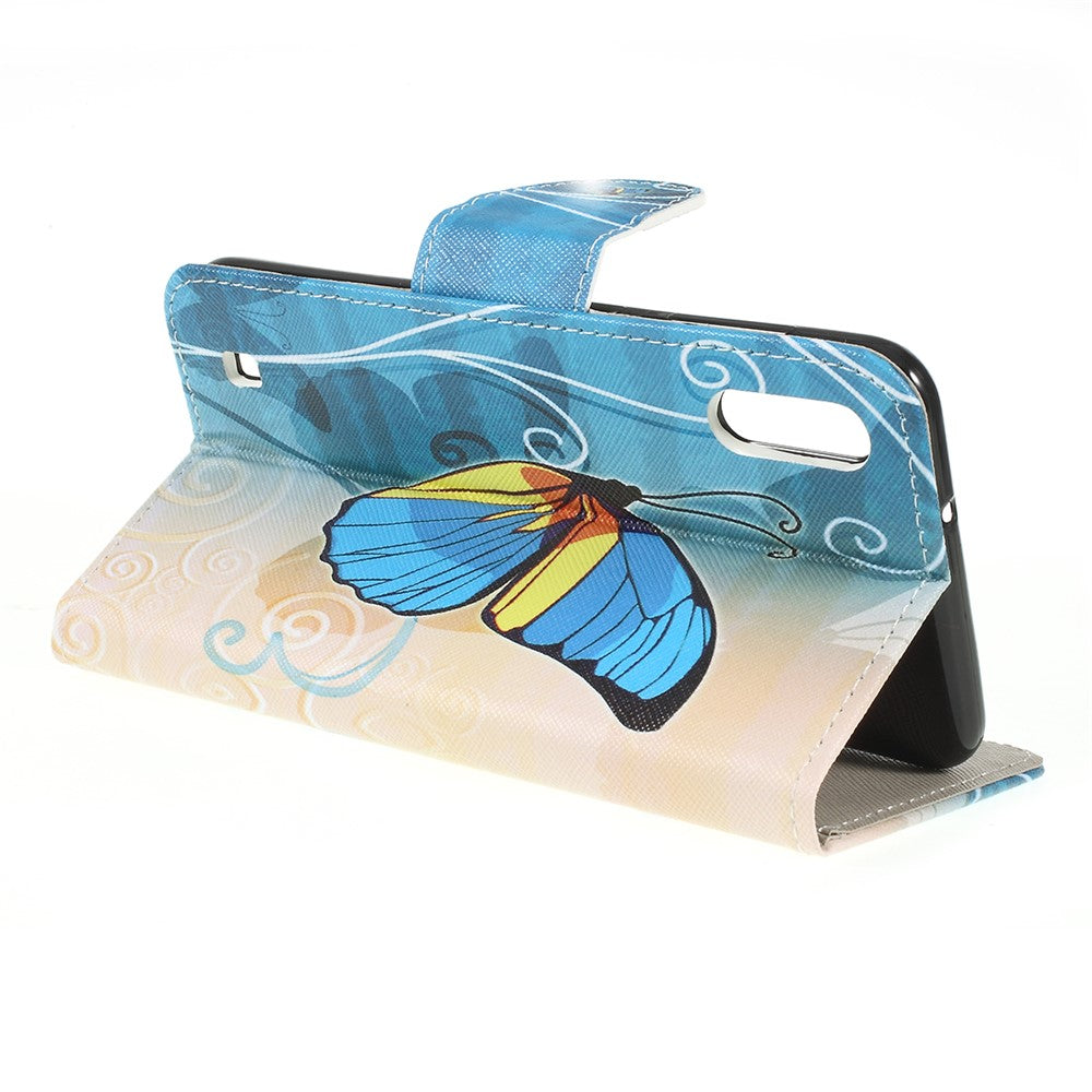 Cross Texture Patterned Leather Wallet Case for Samsung Galaxy M10 - Blue Butterfly