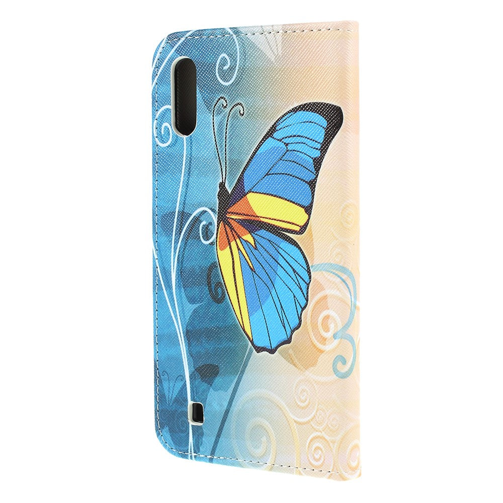 Cross Texture Patterned Leather Wallet Case for Samsung Galaxy M10 - Blue Butterfly