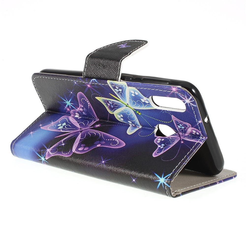 For Samsung Galaxy M20 Cross Texture Patterned Leather Wallet Cover - Beautiful Butterfly
