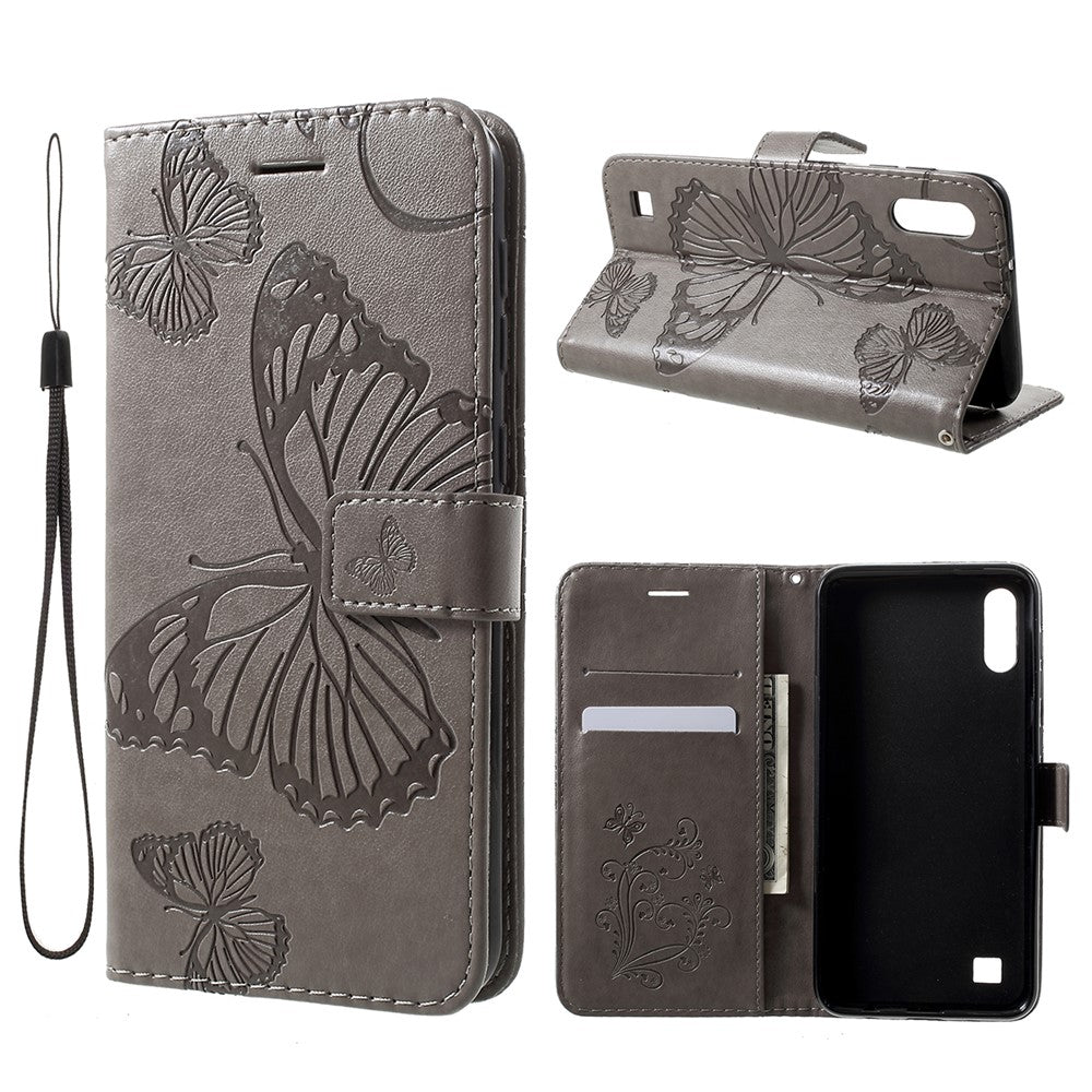 For Samsung Galaxy M10 / A10 Wallet Case Floral Butterfly Imprinted Leather Phone Cover Stand - Grey