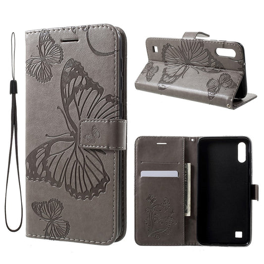 For Samsung Galaxy M10 / A10 Wallet Case Floral Butterfly Imprinted Leather Phone Cover Stand - Grey