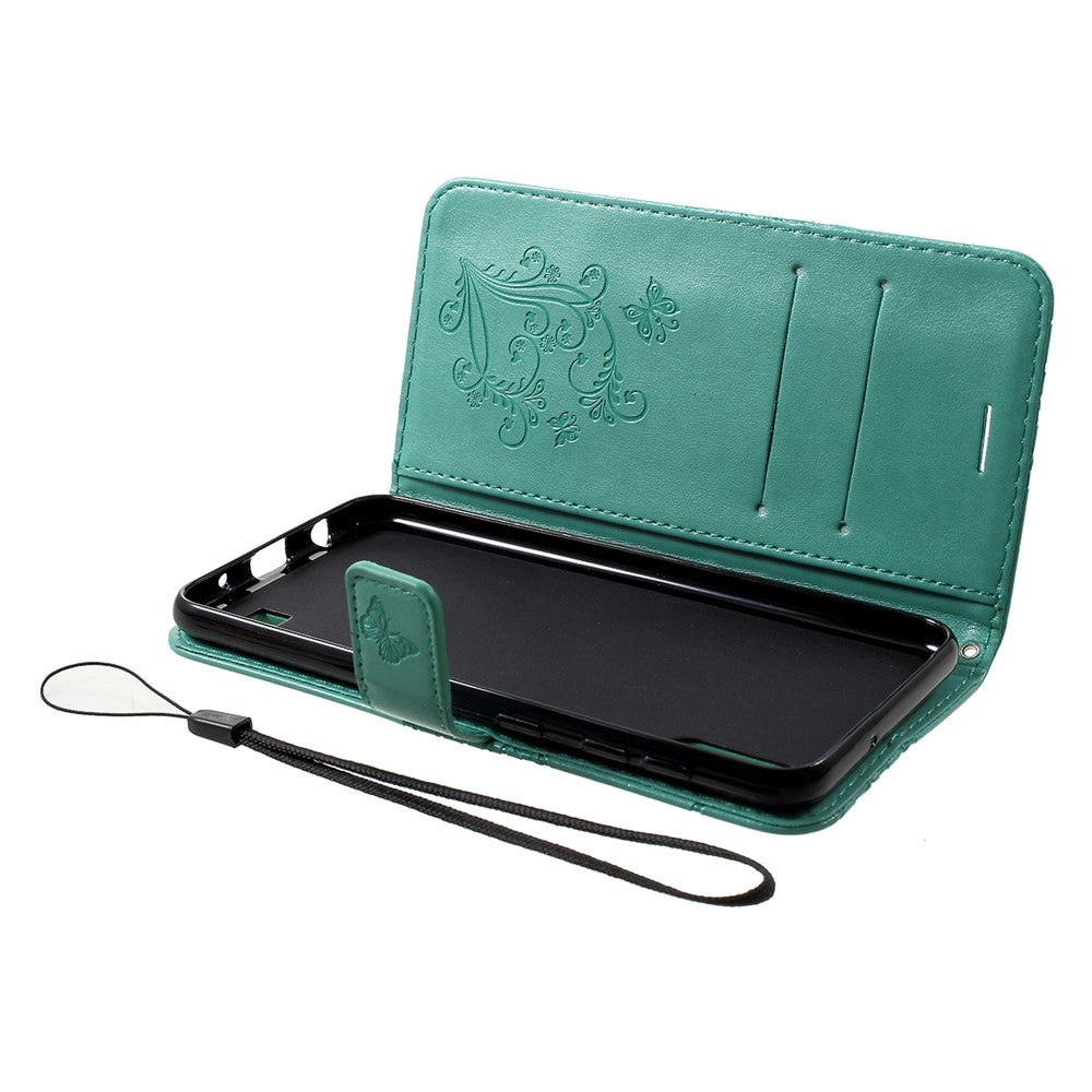 For Samsung Galaxy M10 / A10 Wallet Case Floral Butterfly Imprinted Leather Phone Cover Stand - Cyan