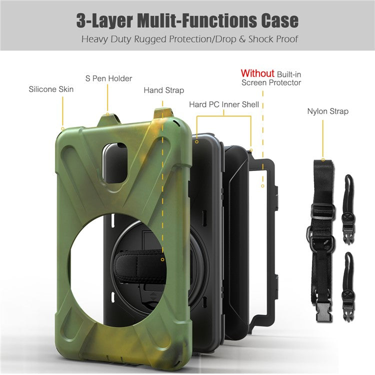 For Samsung Galaxy Tab Active 2 8.0 T395 / T390 [X-Shape] PC + TPU Combo Case with Kickstand Shoulder Strap - Camouflage