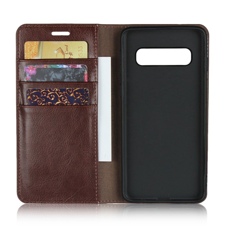 Crazy Horse Genuine Leather Wallet Stand Phone Shell for Samsung Galaxy S10 - Coffee