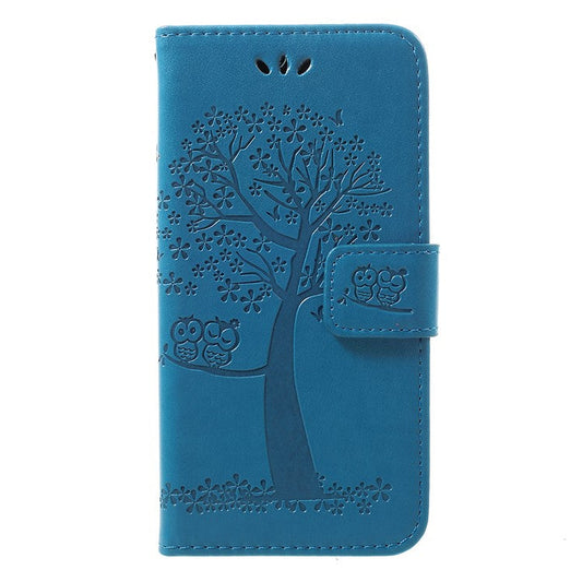 Imprint Tree Owl Leather Wallet Case for Samsung Galaxy A40 - Blue