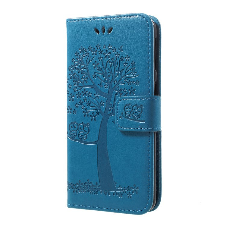 Imprint Tree Owl Leather Wallet Case for Samsung Galaxy A40 - Blue