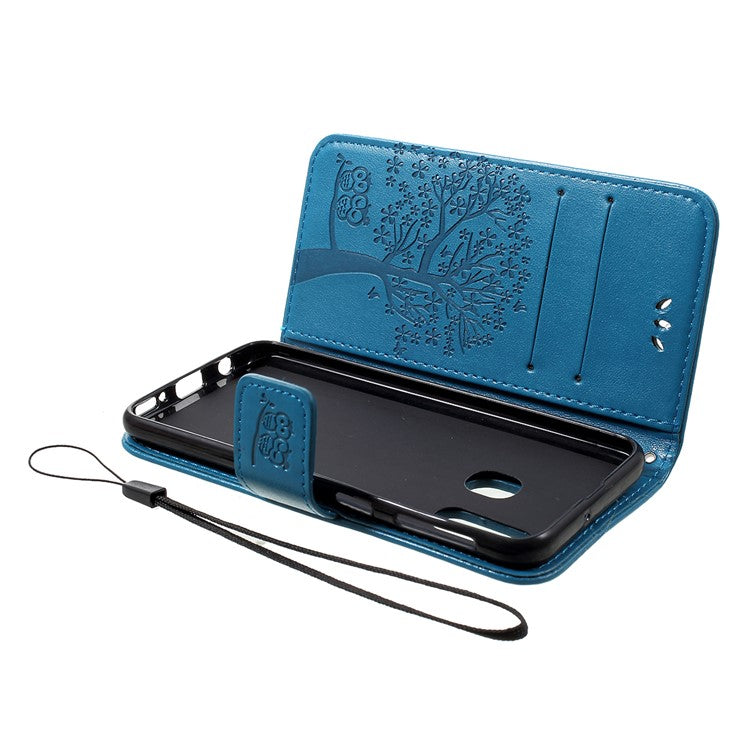 Imprint Tree Owl Leather Wallet Case for Samsung Galaxy A40 - Blue