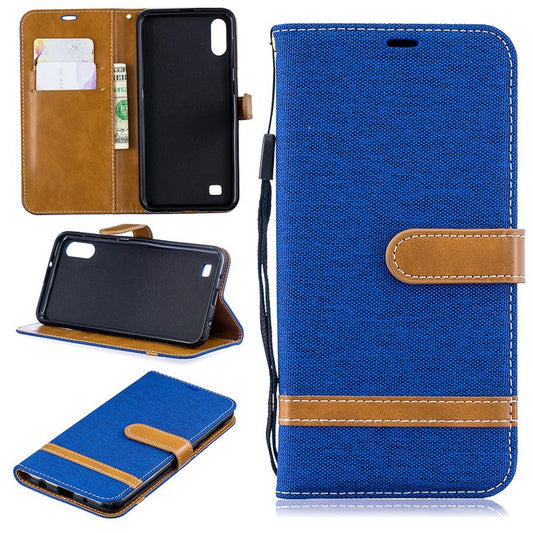 Assorted Color Jeans Cloth Wallet Stand Leather Case for Samsung Galaxy A10 - Baby Blue