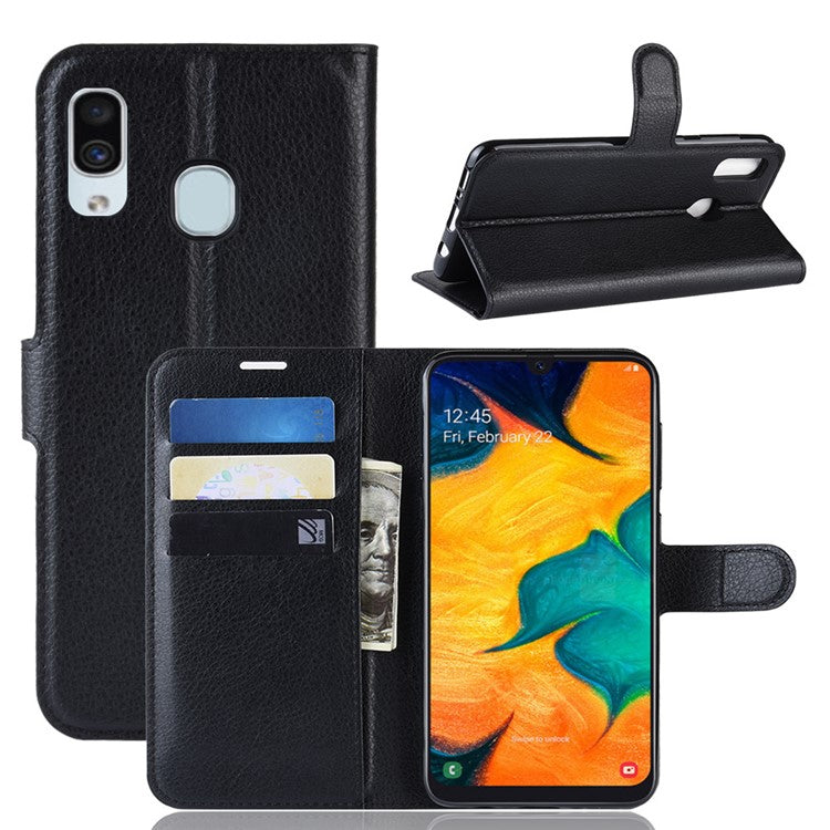 Litchi Skin PU Leather Wallet Stand Mobile Casing for Samsung Galaxy A30 / A20 - Black