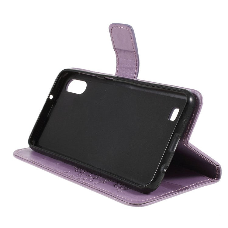 Imprint Tree Owl Magnetic Wallet PU Leather Cover with Stand for Samsung Galaxy A10 - Light Purple