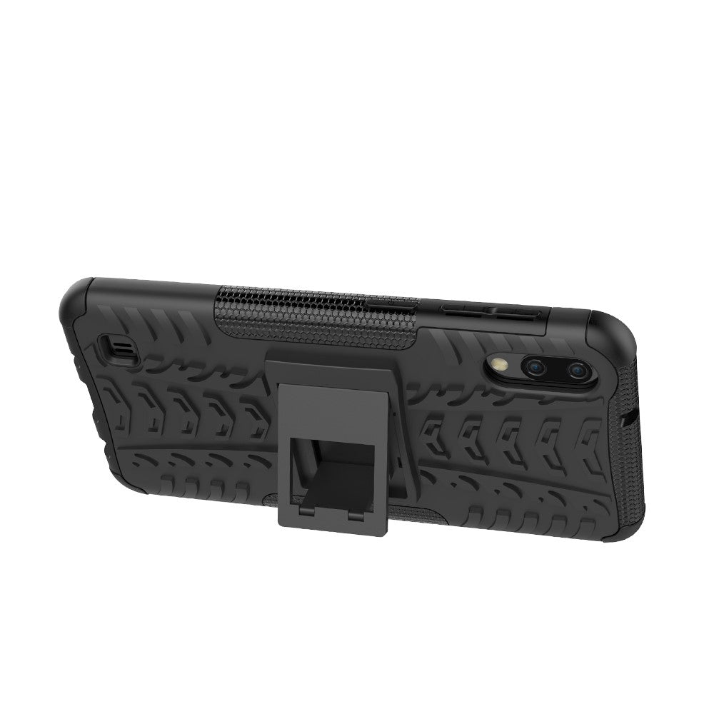 2-in-1 Tyre Pattern PC + TPU Hybrid Mobile Phone Case with Kickstand for Samsung Galaxy M10 / A10 - All Black