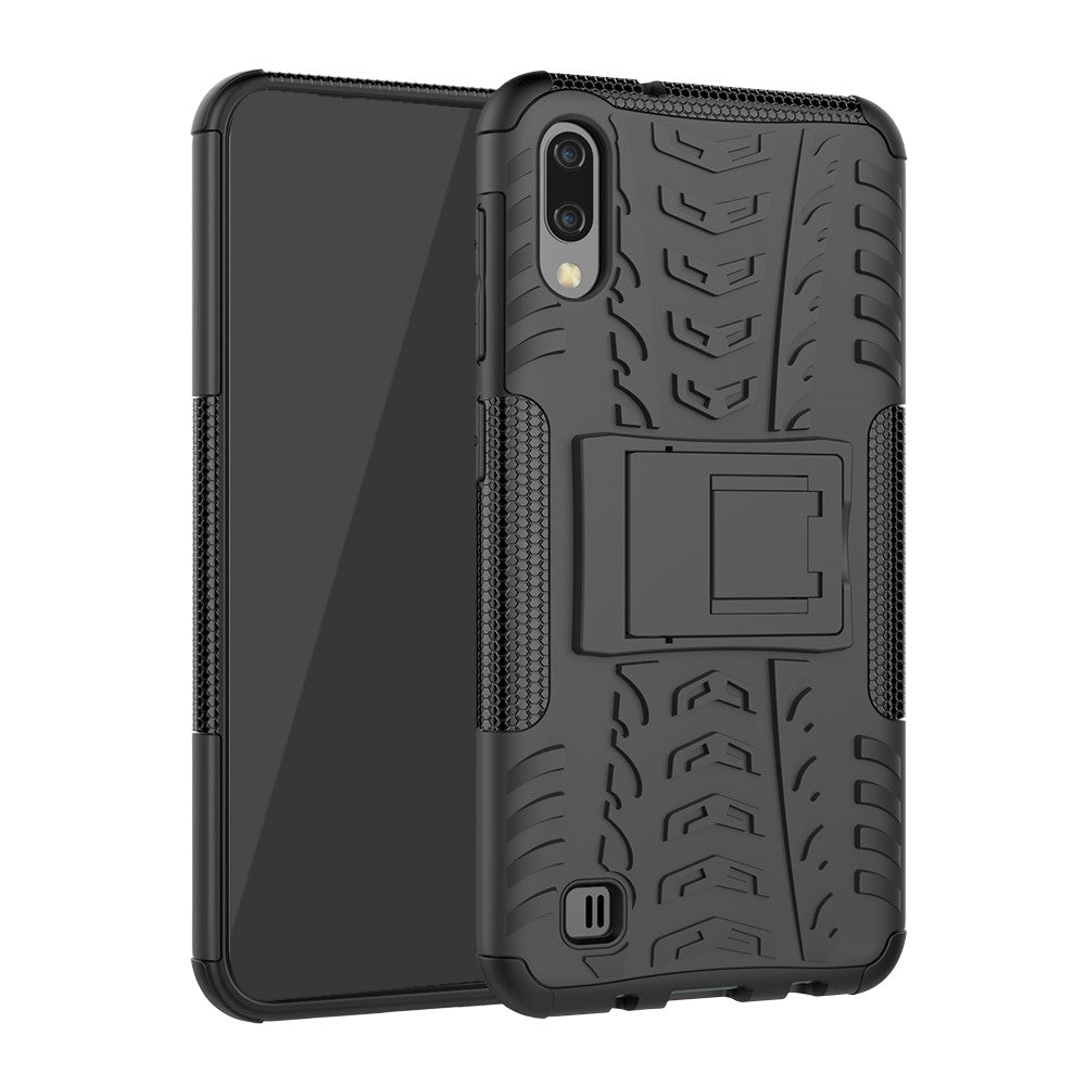 2-in-1 Tyre Pattern PC + TPU Hybrid Mobile Phone Case with Kickstand for Samsung Galaxy M10 / A10 - All Black