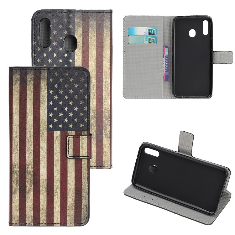 Pattern Printing Leather Wallet Stand Case for Samsung Galaxy A40 - Vintage American Flag
