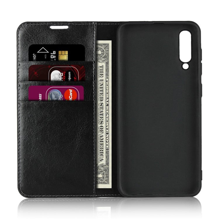 Crazy Horse Wallet Stand Genuine Leather Case for Samsung Galaxy A50/A50s/A30s - Black