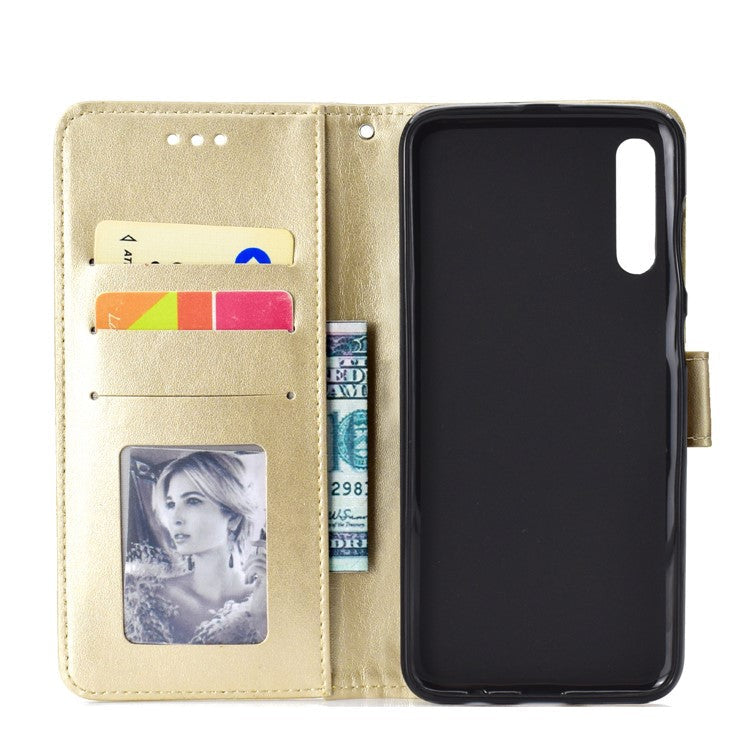 Imprint Flower Leather Wallet Case for Samsung Galaxy A70 - Gold