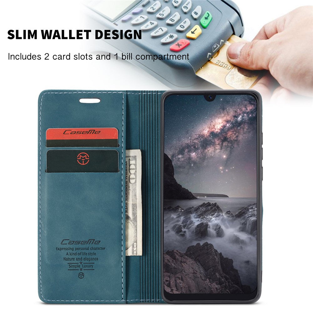 CASEME 013 Series Auto-absorbed Leather Wallet Phone Cover for Samsung Galaxy M20 - Blue