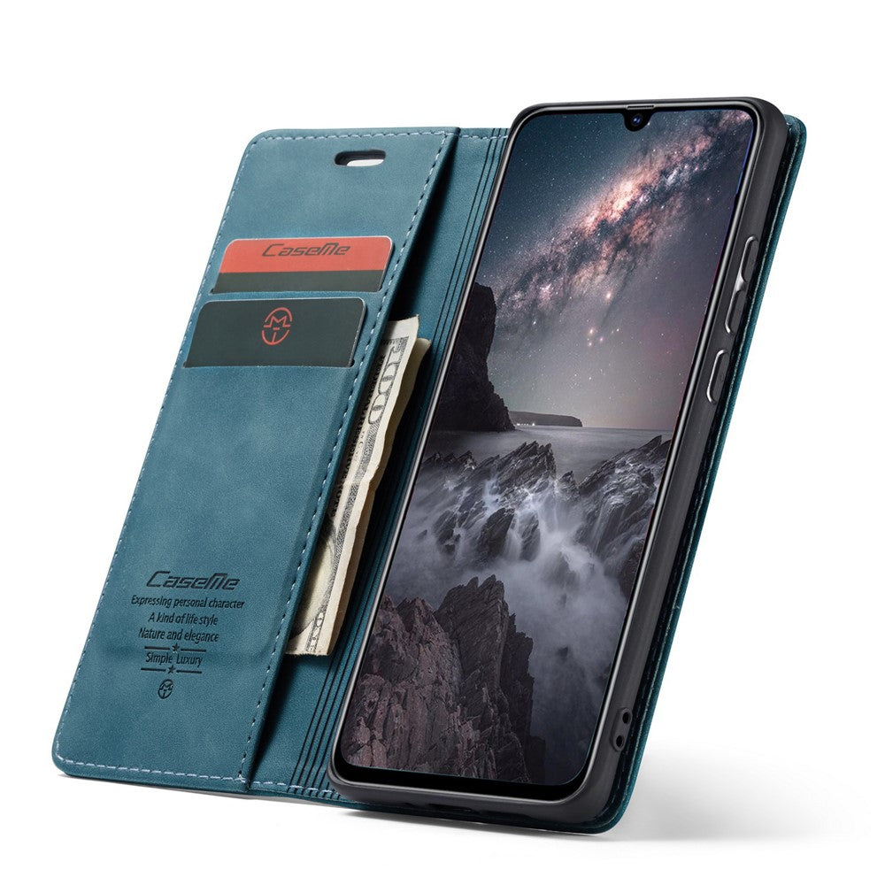CASEME 013 Series Auto-absorbed Leather Wallet Phone Cover for Samsung Galaxy M20 - Blue