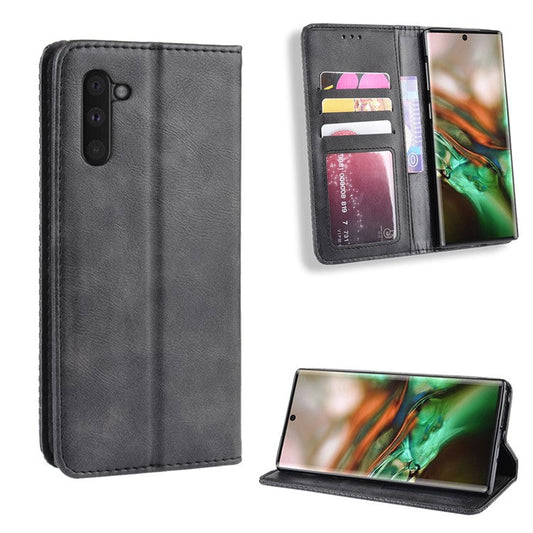 Auto-absorbed Vintage Style PU Leather Wallet Case for Samsung Galaxy Note 10/Galaxy Note 10 5G - Black