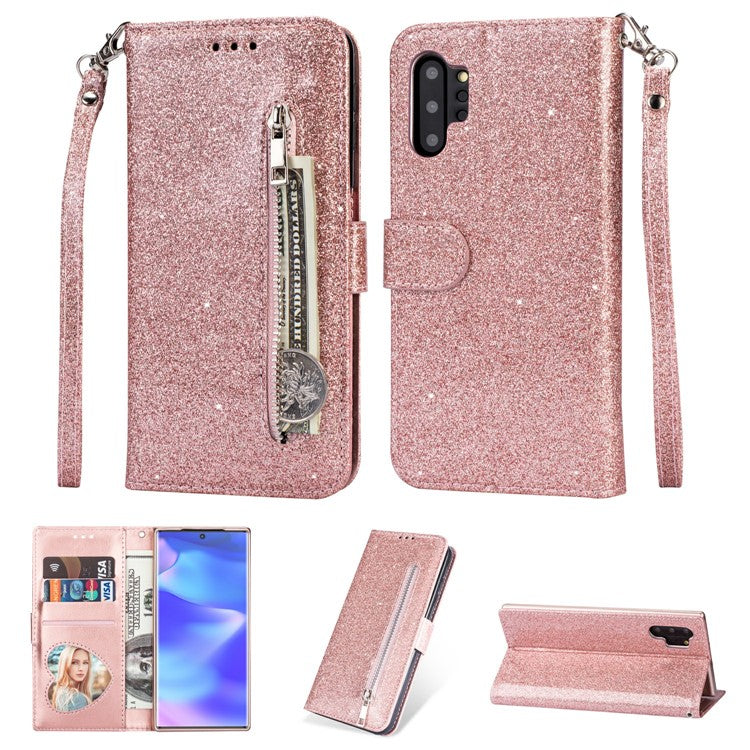 Flash Powder Zippered Stand Leather Wallet Case with Stra[Fingerprint Unlock] for Samsung Galaxy Note 10 Plus/10 Plus 5G - Rose Gold