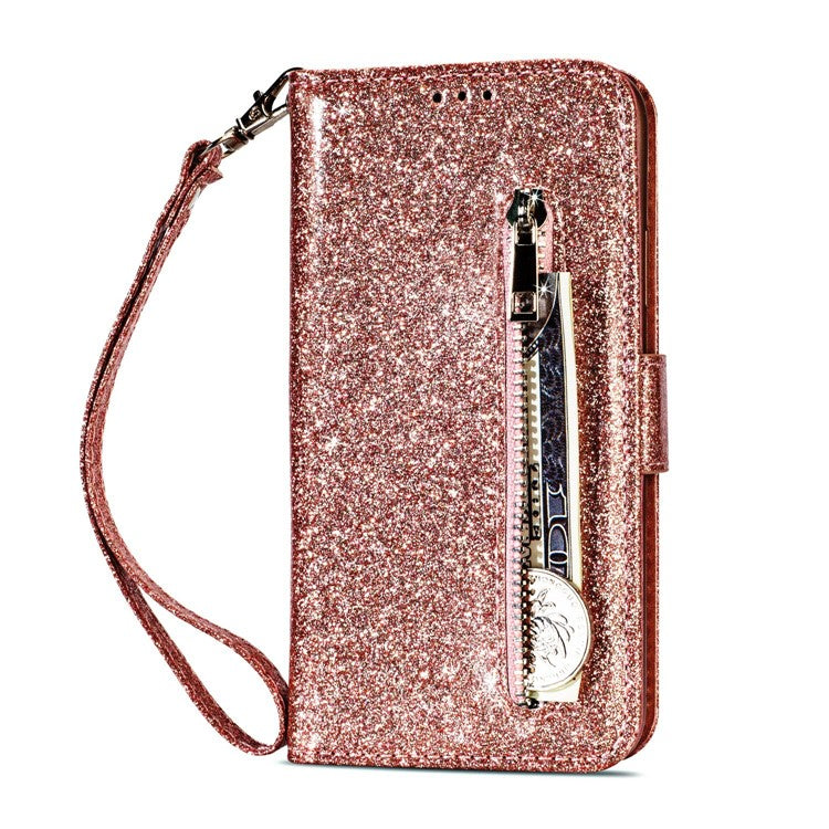 Flash Powder Zippered Stand Leather Wallet Case with Stra[Fingerprint Unlock] for Samsung Galaxy Note 10 Plus/10 Plus 5G - Rose Gold